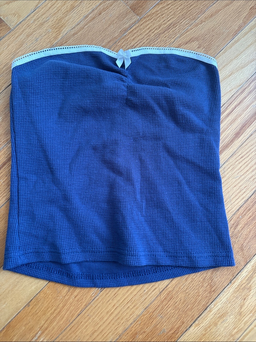 Edikted Navy Strapless Cropped Tube Top with Cream Trim